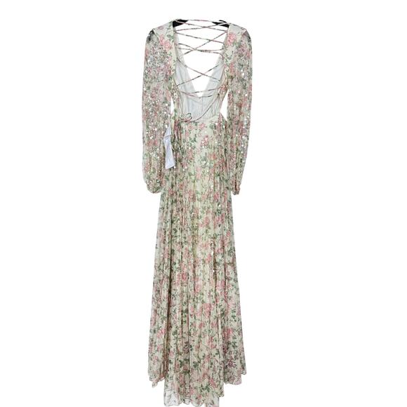 Mac Duggal NWT Sequined Floral Print Cut Out Lace Up Gown Size 0 Plunge Neck - Picture 6 of 11